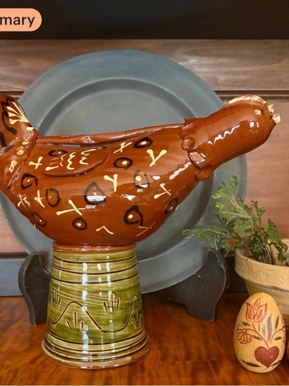 SJ Pottery Redware Whimsical Large Folk Art Bird 9 X 11 inches, signed